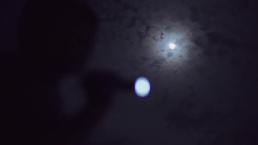 A boy holding a flashlight walks past a cloudy night sky with a full moon
