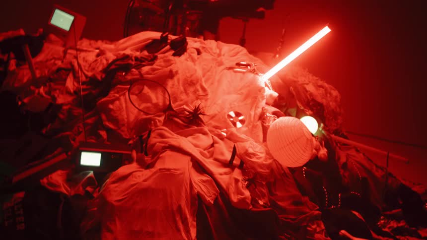 A man sits at the drums in the room of flashing red lights