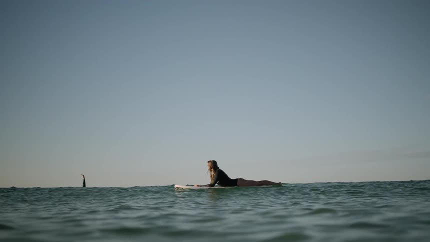 A surfer floats on an ocean