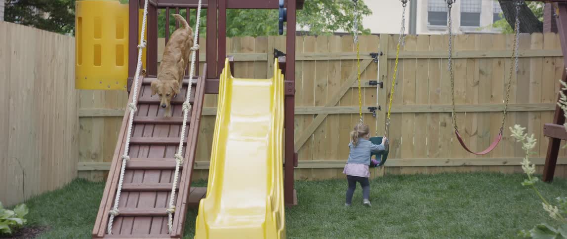 The dog moves down the slide as the child is on the swing