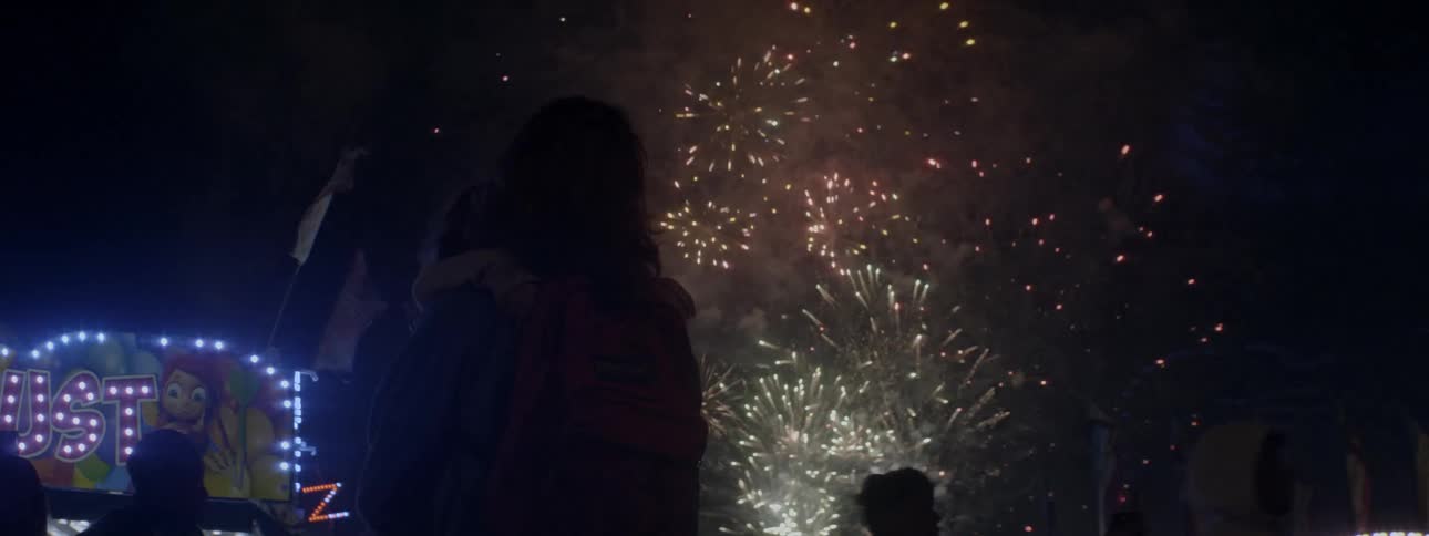The people watch the fireworks in the night sky