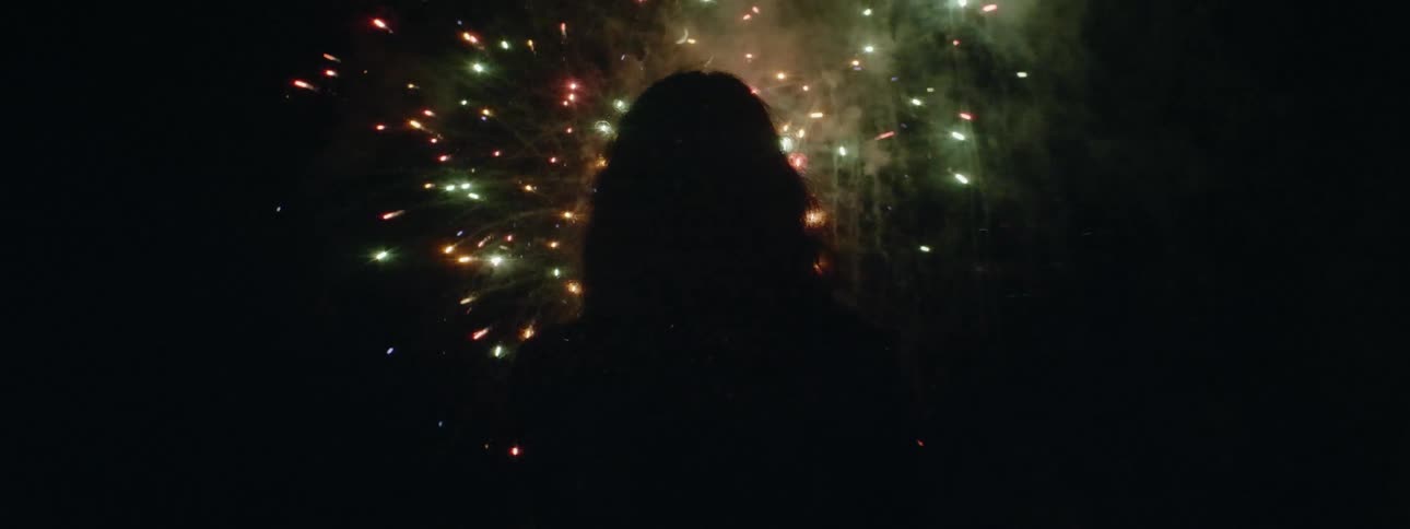 The woman watches the fireworks at night