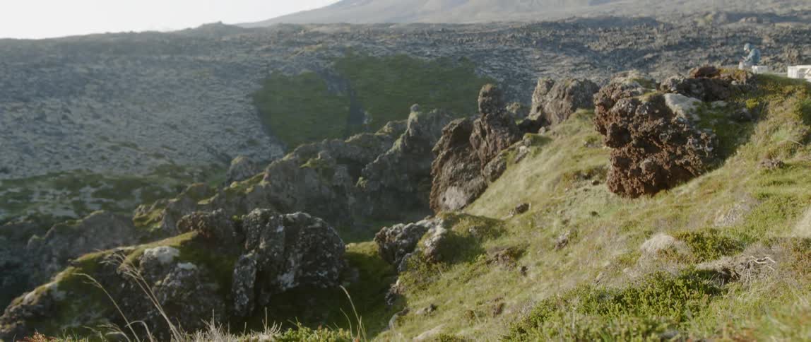 Grass and rocks cover a mountainside