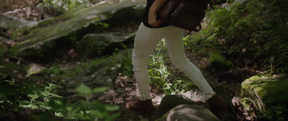 Woman Exploring Woods With Camera