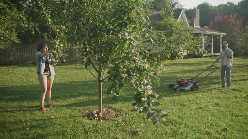 Man with Mower Wipes Sweat from Face in Beautiful Yard