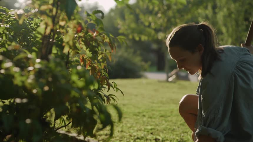 Woman Pulls Weeds in a Garden
