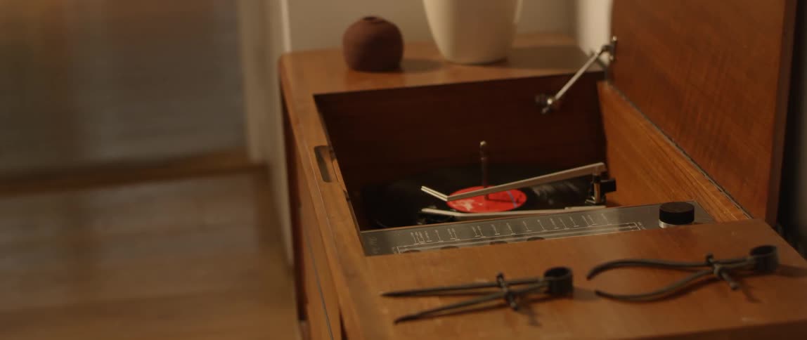 Record on a turntable spins around slowly