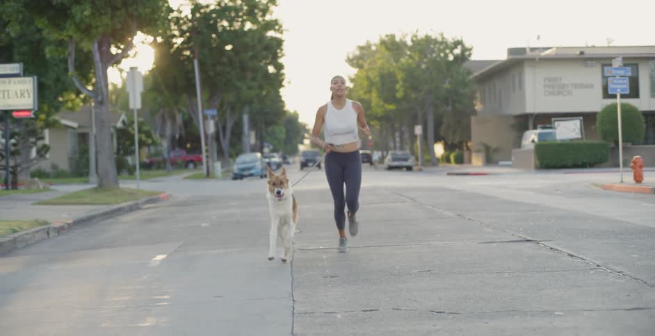 A woman and dog jog on a neighborhood street at sunset