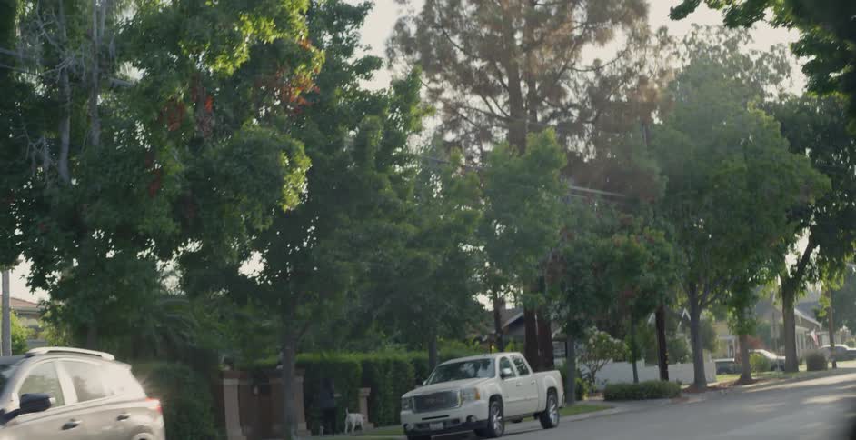 Vehicles sit parked on a residential street