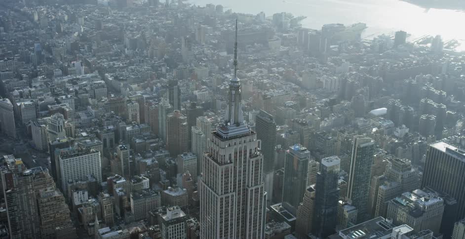 Flying over a city skyline