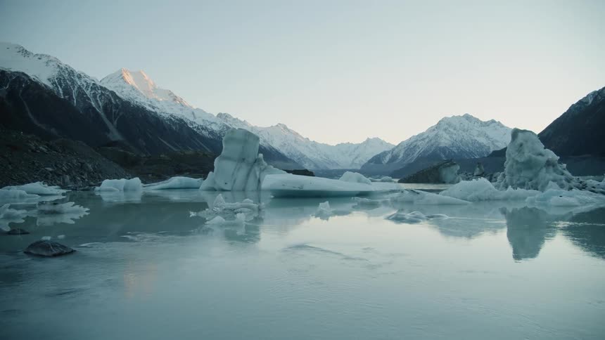 Water flows smoothly away from large icebergs