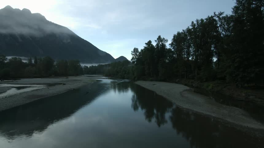 Aerial, panning view down a small river next to a forest