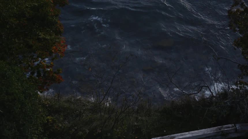 Waves crash toward a grassy shore