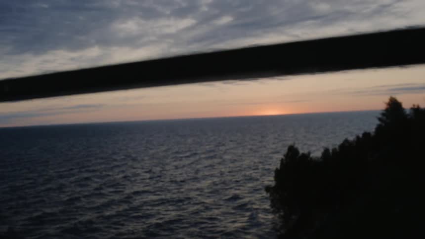 The ocean flows toward a forest at sunset