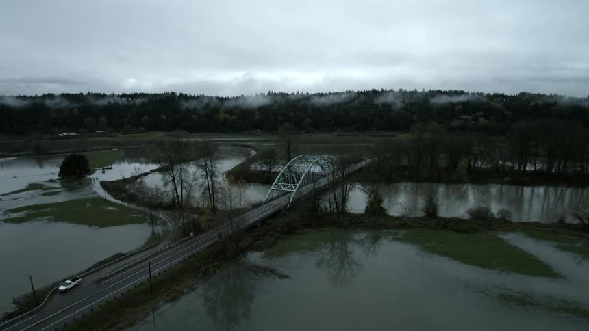 A marsh is shown with a bridge