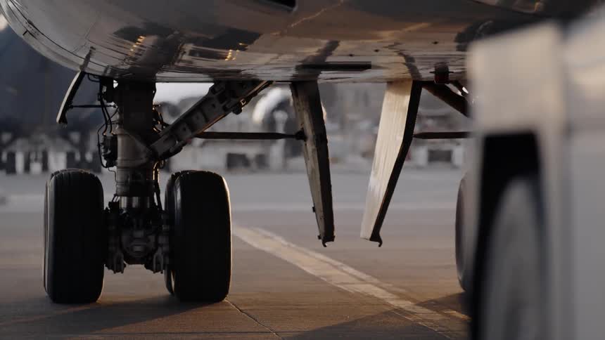 A plane sits on the tarmac or an airport