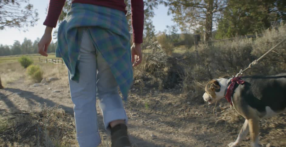 A woman and a dog walking down a trail next to a field