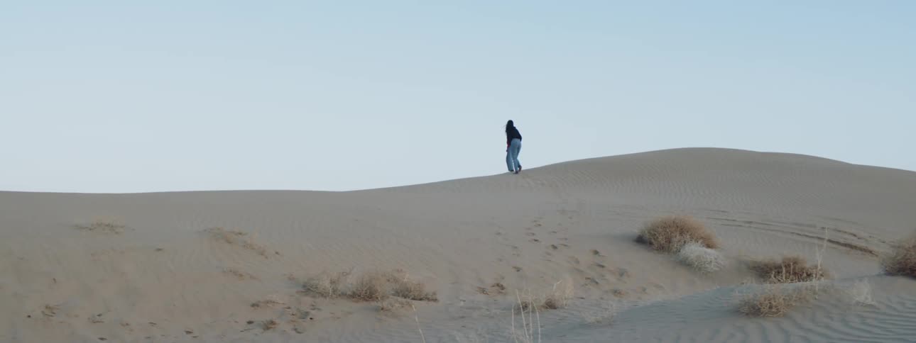 Two women walking up some sand dunes at dusk