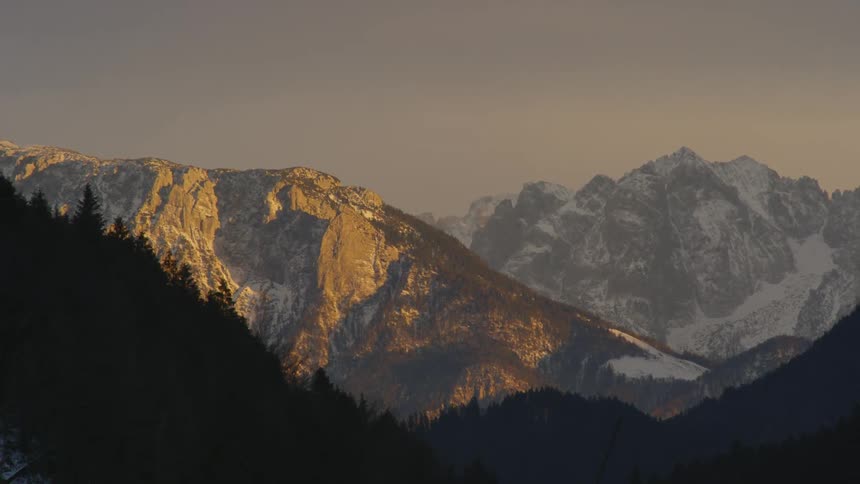 Snow topped mountain cliffs surrounded by trees