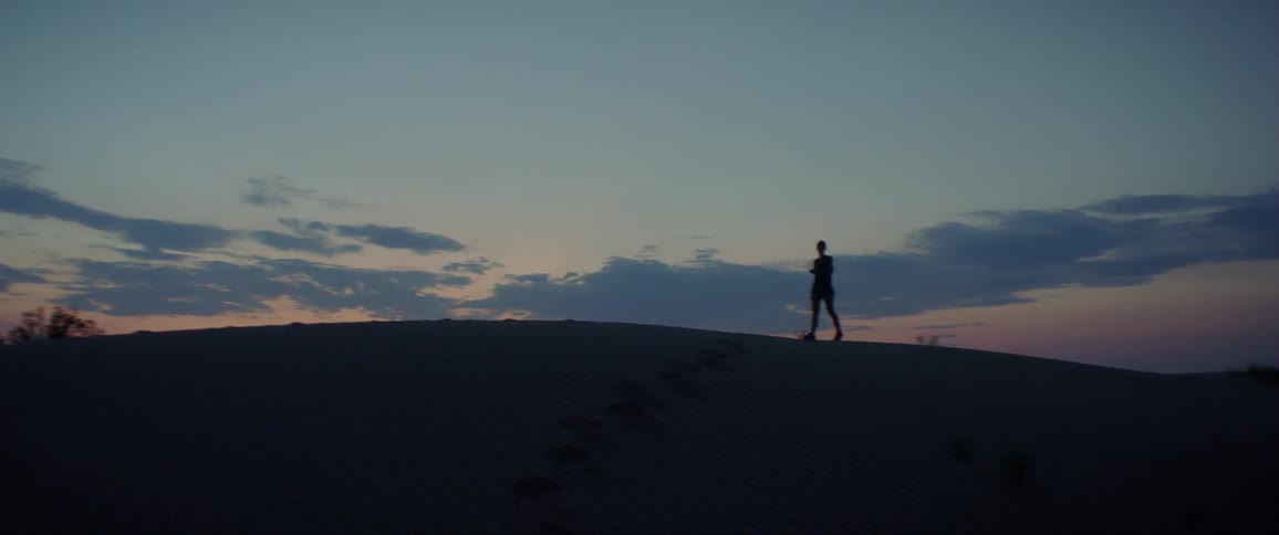 A person walking up a sand dune at dusk