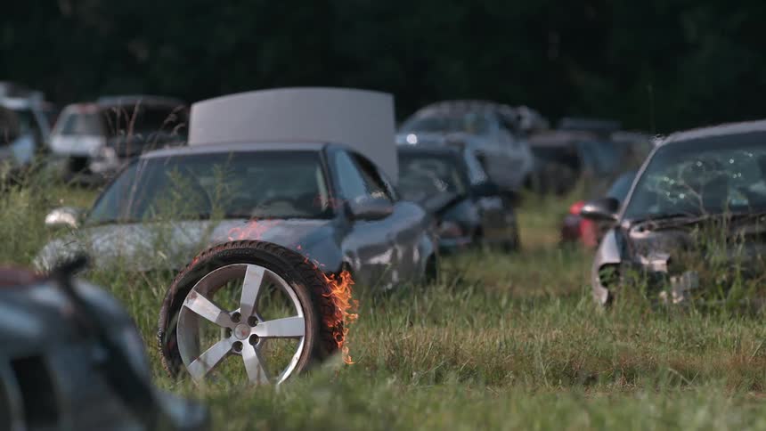 A fire is on a moving wheel