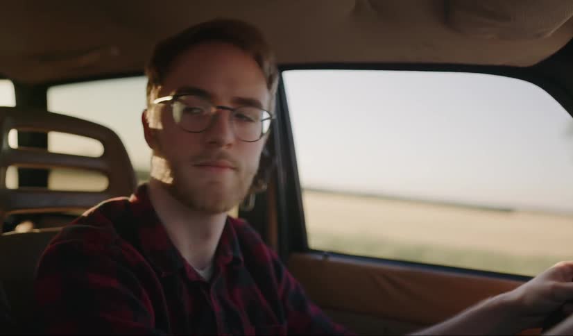 A man driving a car down the road