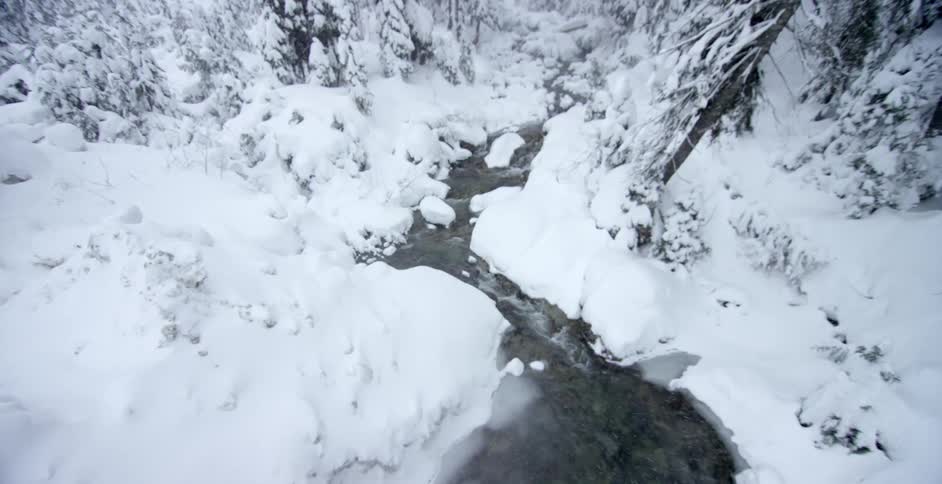 Snow is falling on a stream