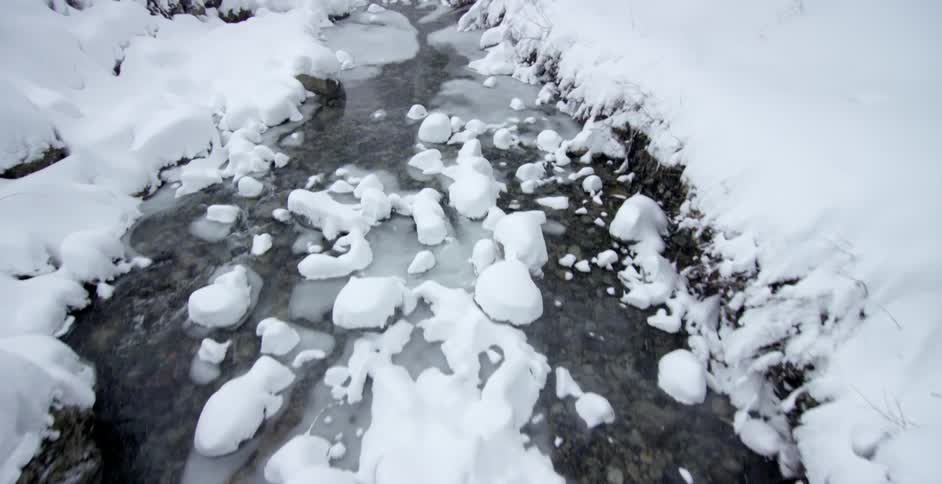 Snow is falling on a stream