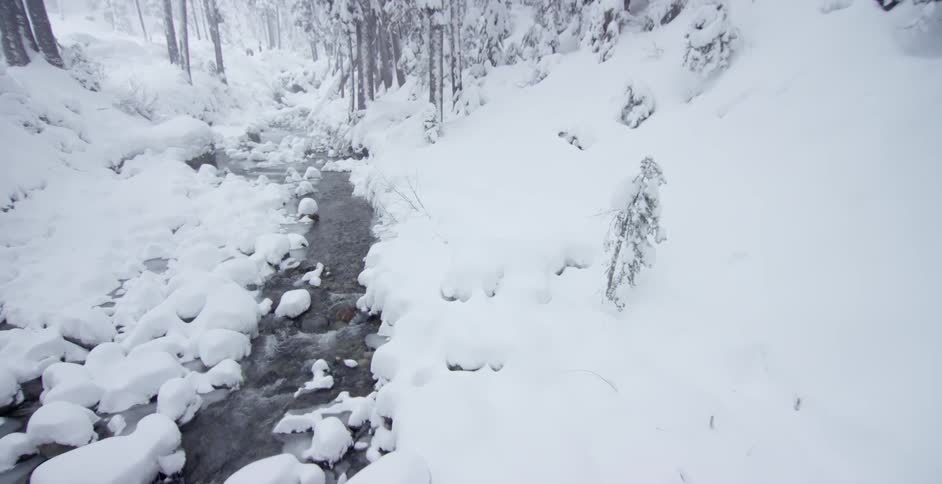 A stream is running through the snow