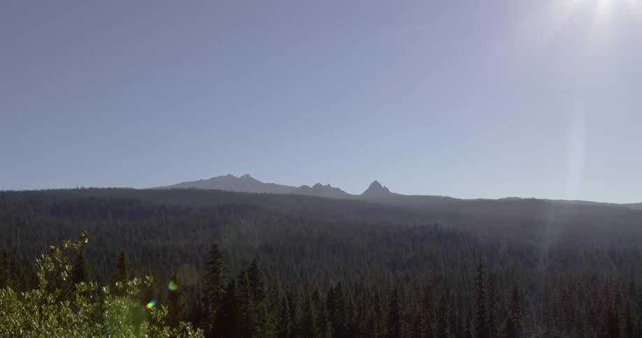 The sun shines over a forest and mountains