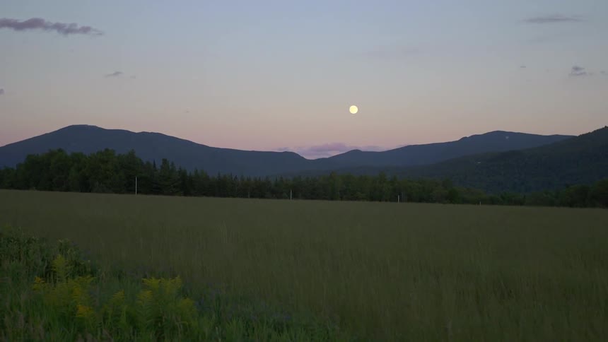 A green field and mountains with the moon visible at dusk