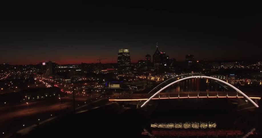 An aerial view of downtown Nashville at night