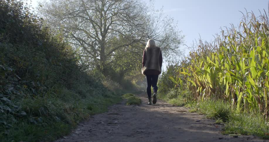 A woman walking by a corn field