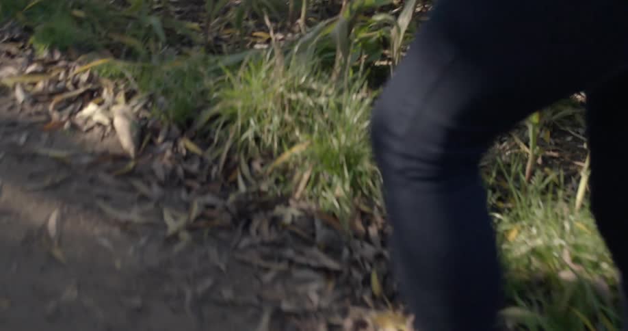 A person walks down a dirt road