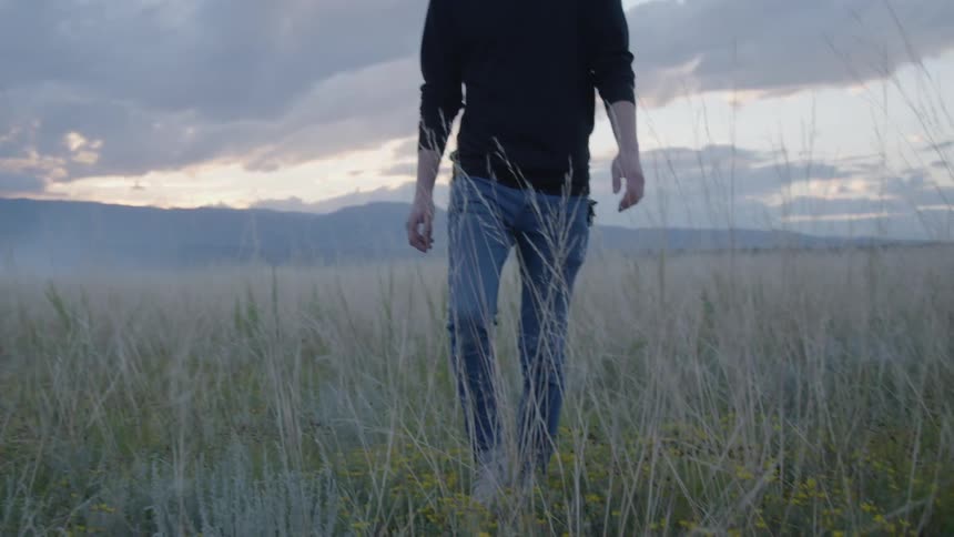 A man in a black shirt walks in a grassy field on a cloudy day