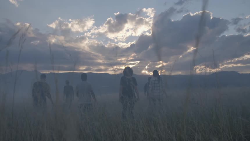 A group of people walking through a grassy field at sunset