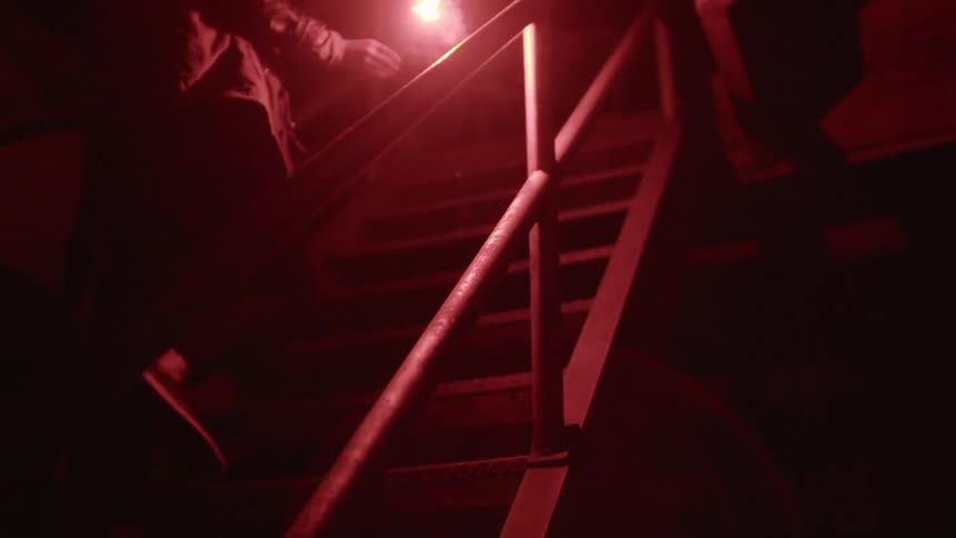 A woman is walking up the stairs