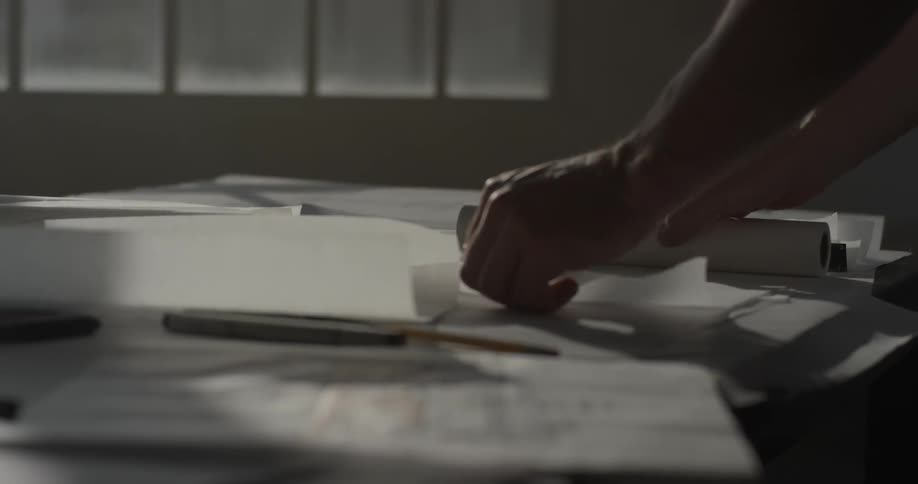 Person unrolls a sheet of white paper on a desk and takes out a pencil