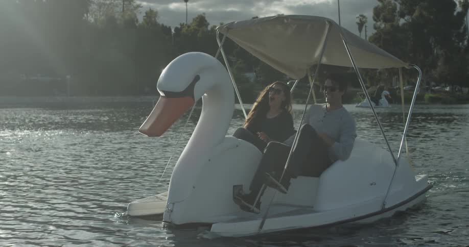 Man and woman paddling a swan boat while pointing and laughing