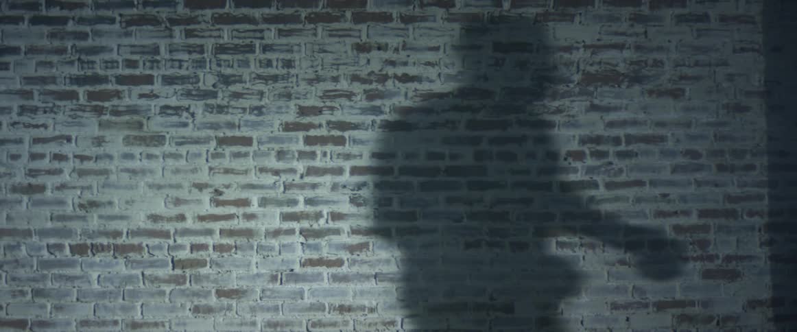 The shadow of a large muscular man crosses the brick wall in front of us