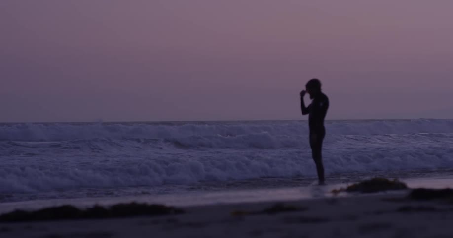 A man standing at the edge of the ocean at sunset