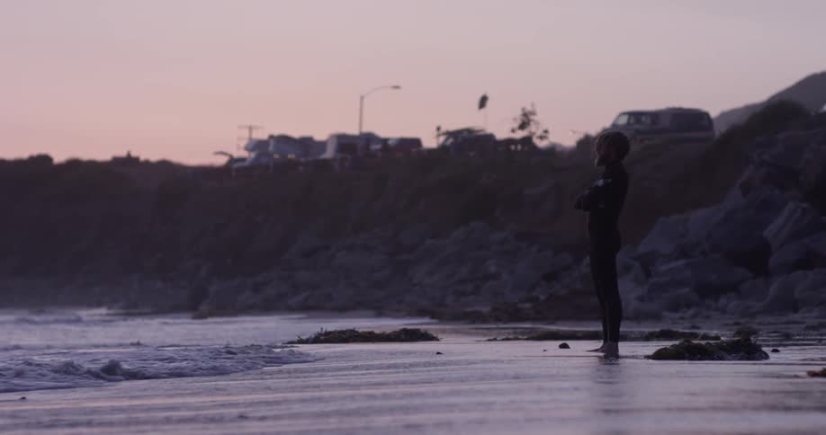 Man stands on beach at dusk