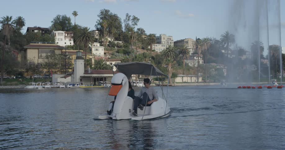 Couple Riding Pedal Boat In Pond