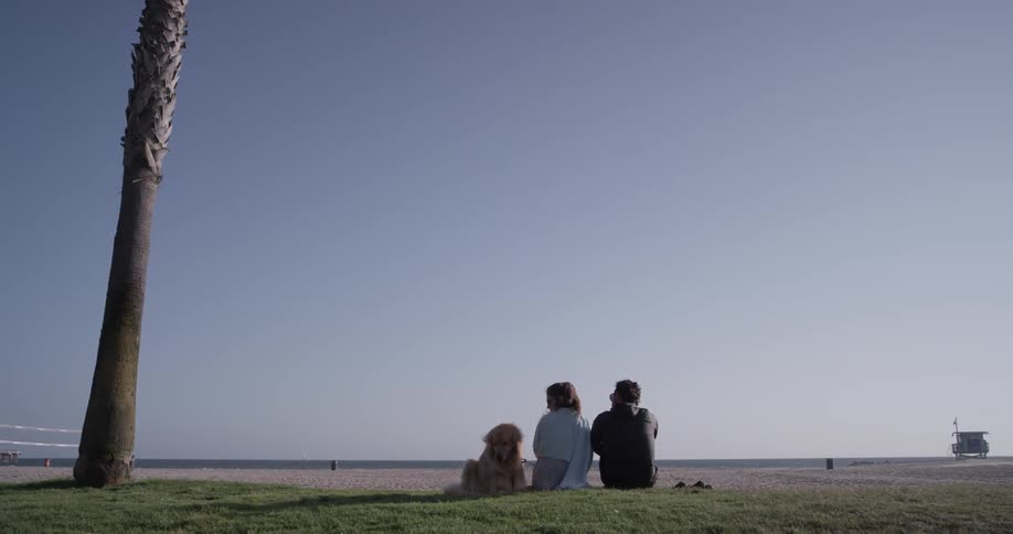 Two people are sitting in the grass with a dog
