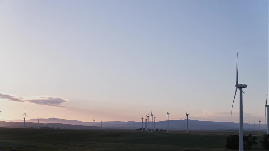 A field of windmills spinning on a purple sky