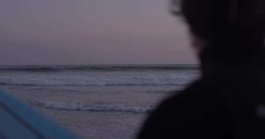 A man holding a surfboard next to the ocean at sunset