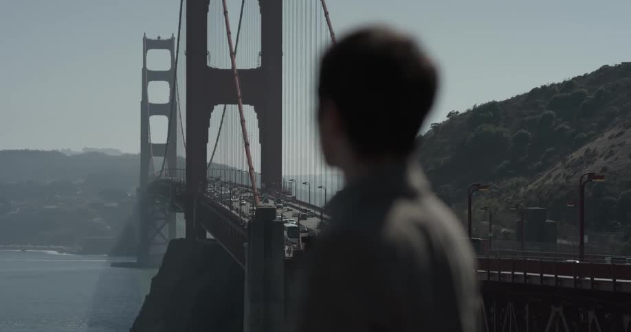 A man looking at a bridge in the distance