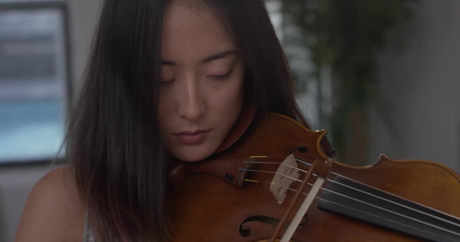 Woman playing a violin in a house