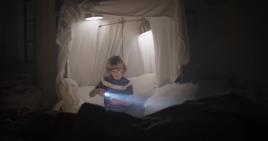 A boy sitting in bed surrounded by hanging white blankets using a flashlight