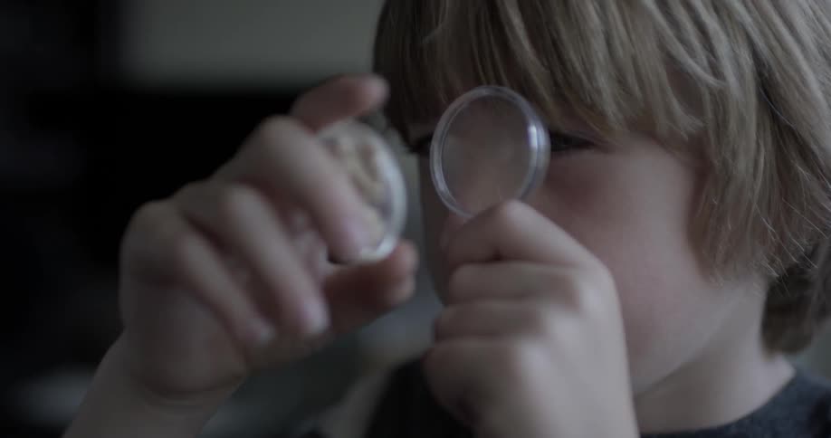 A young boy using a small magnifying glass